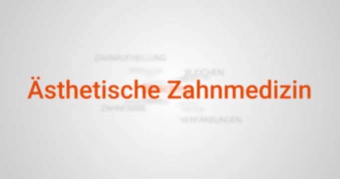 Animation welche den Service einer Zahnarzt-Praxis in der &auml;sthetischen Zahnmedizin zeigt (z.B. Keramik, Veneers, Schneidezahn, Sch&ouml;nheitsfehler). Grauer Hintergrund, orange Schrift