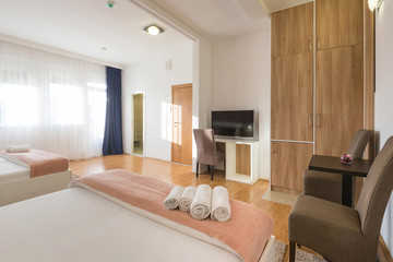Interior of a double bed hotel bedroom