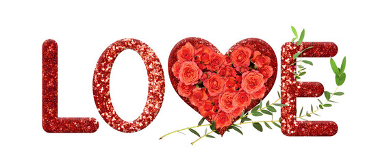 Lettering LOVE with red rose flowers in a glitter heart