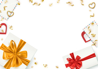 Holiday festive background template, gift boxes and confetti composition frame, birthday, valentine, christmas, vector illustration