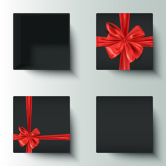 Set of realistic black gift boxes with decorative red bow, open, closed, vector illustration