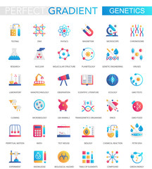 Vector set of trendy flat gradient genetics and biochemistry icons.