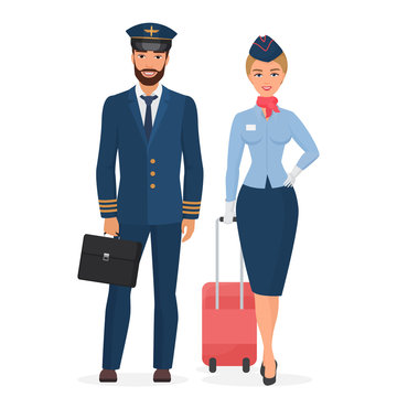 Pilot and stewardess in uniform isolated flat vector illustration.