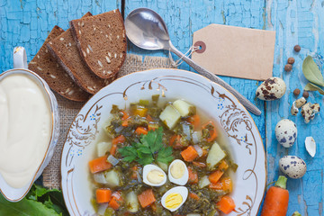 Plate with sorrel soup, bread and different vegetables, wooden background