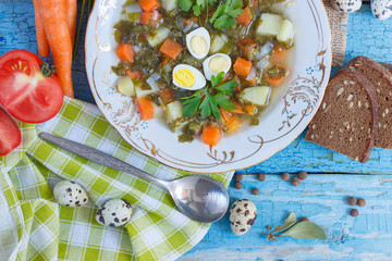 Plate with sorrel soup, bread and different vegetables, wooden background