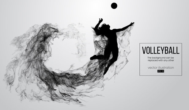 Abstract silhouette of a volleyball player woman on white background from particles. Volleyball player is jumping and kicks the ball. Background can be changed to any other. Vector illustration