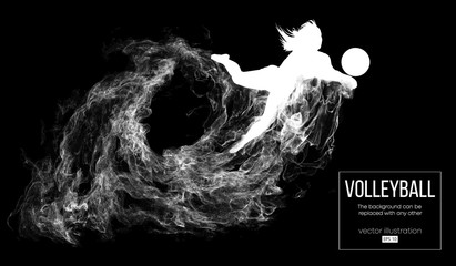 Abstract silhouette of a volleyball player woman on dark, black background from particles. Volleyball player is jumping and kicks the ball. Background can be changed to any other. Vector illustration