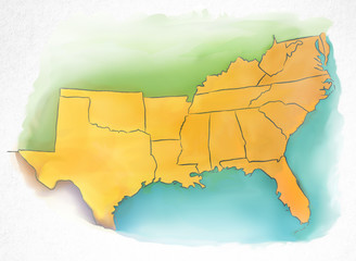 Watercolor map of USA southern region