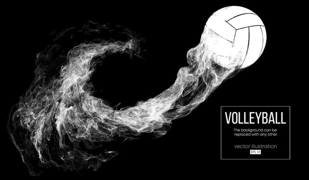 Abstract silhouette of a volleyball ball on dark, black background from particles. Volleyball ball is flying. Background can be changed to any other. Vector illustration