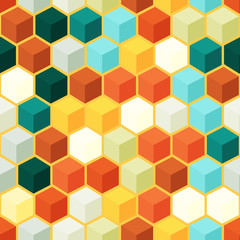 Seamless vector background with multicolored shapes in 3D style. Geometric pattern.