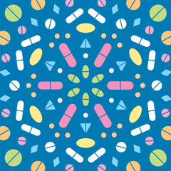Pharmaceutical pills and capsules in a circle design pattern for a medicine. Health care icons illustration.