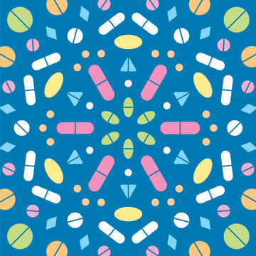 Pharmaceutical Pills And Capsules In A Circle Design Pattern For A Medicine. Health Care Icons Illustration.