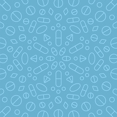 Pharmaceutical pills and capsules in a circle design pattern for a medicine. Health care icons illustration.