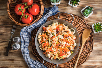 Fried chicken pieces with vegetables.