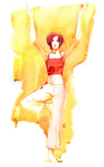 Girl in the pose of the tree. Watercolor drawing