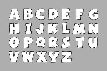 Cartoon latin alphabet, font, lettering for logos, badges, postcards, posters, prints white isolated