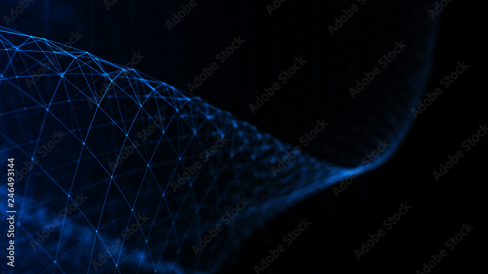 Poster abstract tangle of points on blue background. chaotic waves in outer space. large data background .3