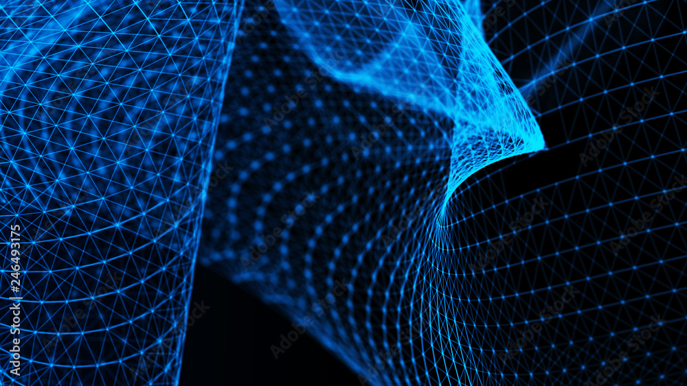 Poster abstract tangle of points on blue background. chaotic waves in outer space. large data background .3