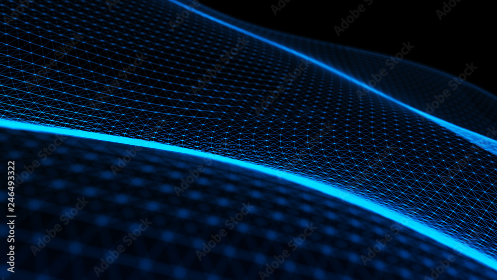 Poster abstract tangle of points on blue background. chaotic waves in outer space. large data background .3