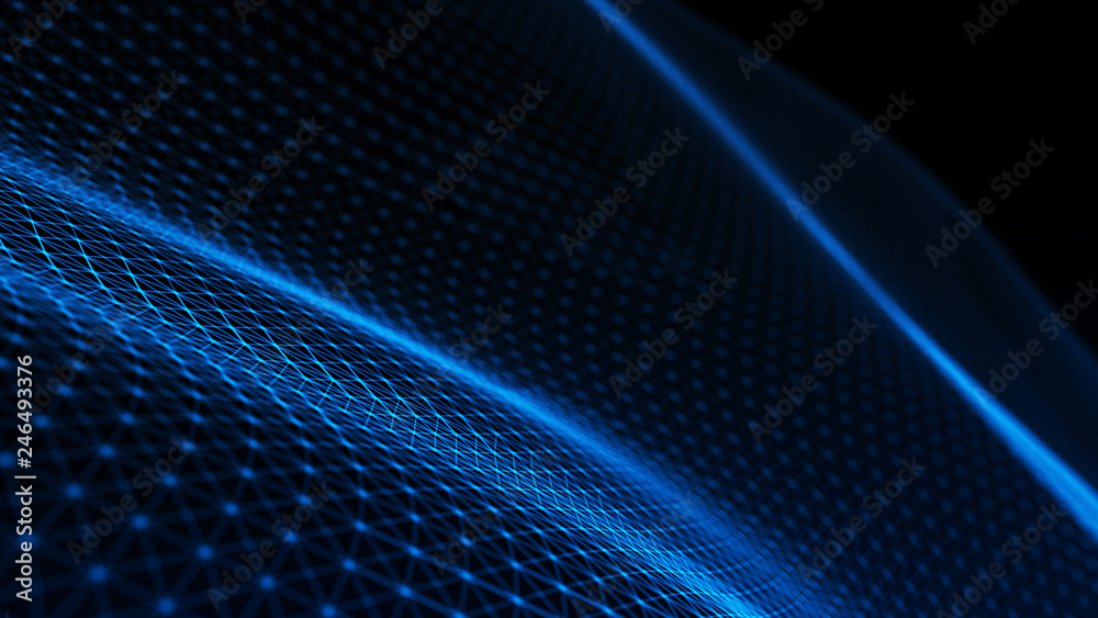 Poster abstract tangle of points on blue background. chaotic waves in outer space. large data background .3