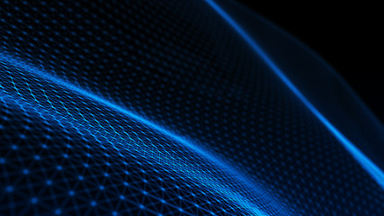 Abstract tangle of points on blue background. Chaotic waves in outer space. Large data background...