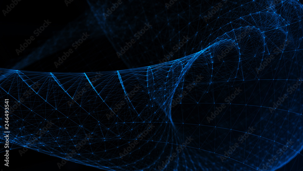 Poster abstract tangle of points on blue background. chaotic waves in outer space. large data background .3