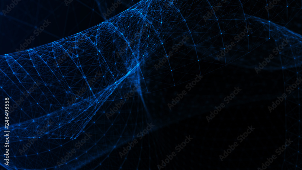 Poster abstract tangle of points on blue background. chaotic waves in outer space. large data background .3