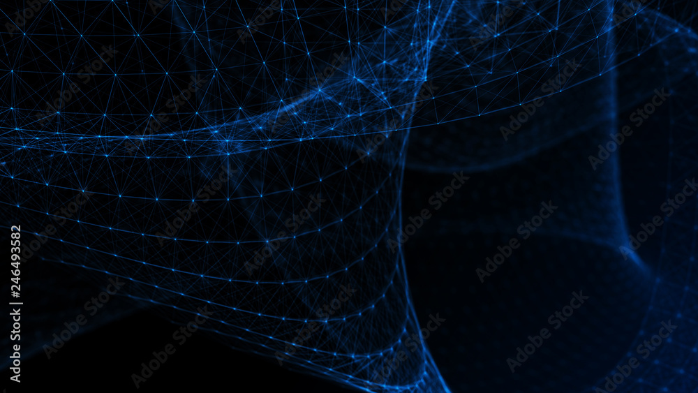 Poster abstract tangle of points on blue background. chaotic waves in outer space. large data background .3