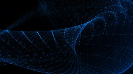 Abstract tangle of points on blue background. Chaotic waves in outer space. Large data background .3d rendering.