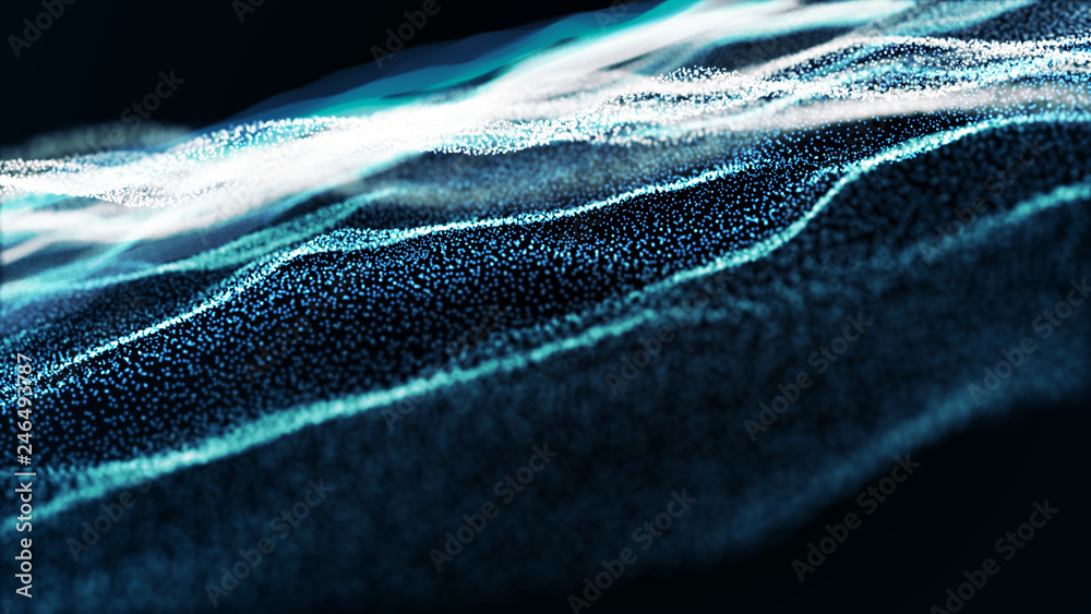Poster abstract tangle of points on blue background. chaotic waves in outer space. large data background .3