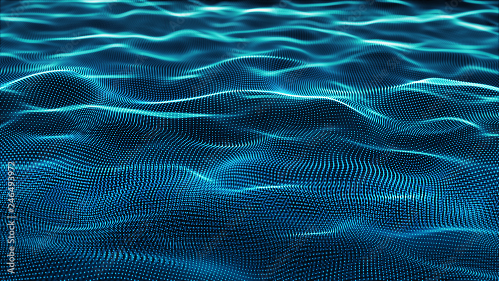 Poster abstract tangle of points on blue background. chaotic waves in outer space. large data background .3