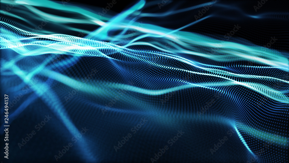 Poster abstract tangle of points on blue background. chaotic waves in outer space. large data background .3