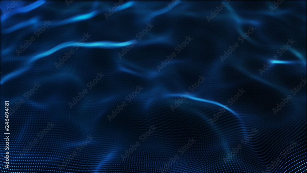 Poster abstract tangle of points on blue background. chaotic waves in outer space. large data background .3