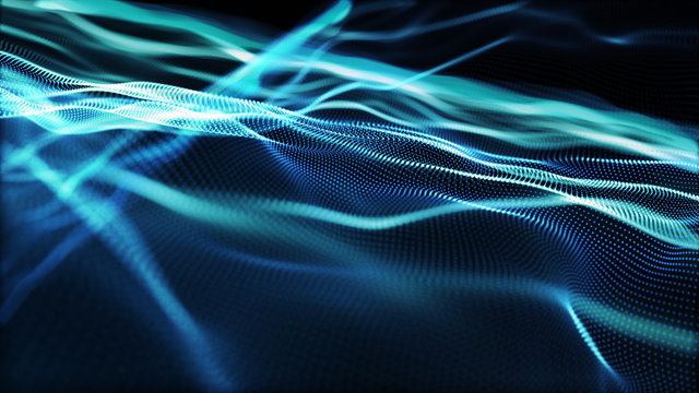 Abstract tangle of points on blue background. Chaotic waves in outer space. Large data background .3d rendering.