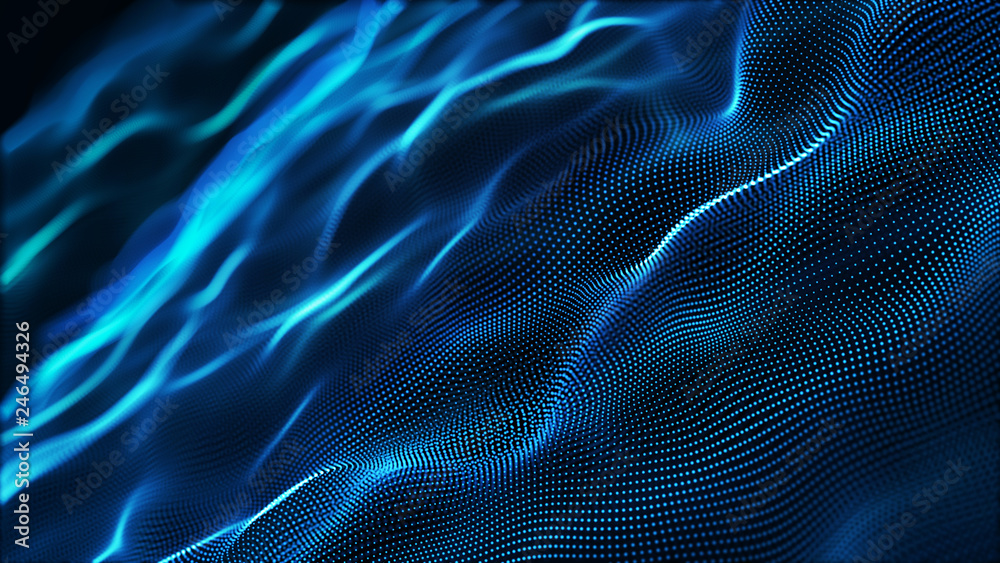 Poster abstract tangle of points on blue background. chaotic waves in outer space. large data background .3