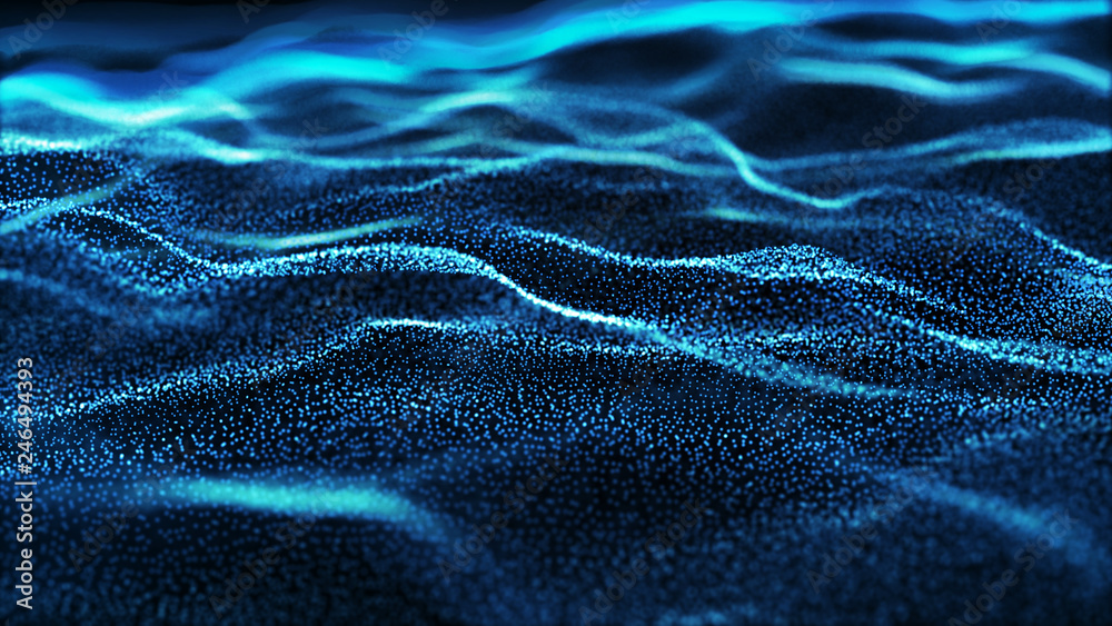 Poster abstract tangle of points on blue background. chaotic waves in outer space. large data background .3
