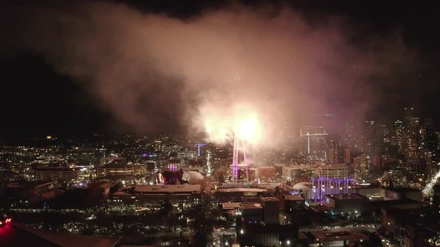 Aerial shot of fireworks from the iconic Space Needle in Seattle Washington on New Years Eve 2019