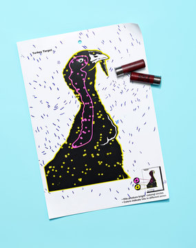 Turkey shooting target on a blue background with shotgun shells