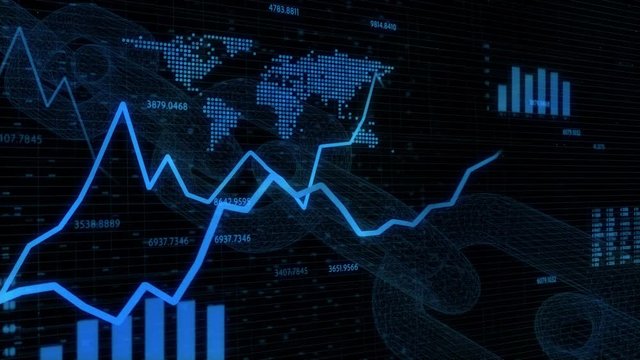 Artistic 3d financial business chart with diagrams, graphs and stock numbers on black motion background. 