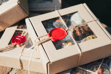 Delicious chocolate candies in gift box.
