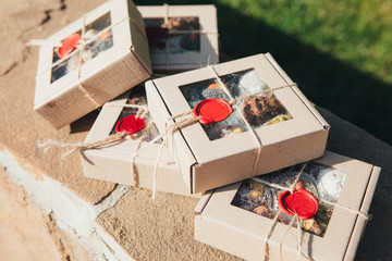 Delicious chocolate candies in gift box.