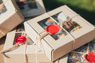 Delicious chocolate candies in gift box.
