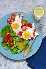 Good morning! Breakfast fried eggs with sausage and pepper. View from above.