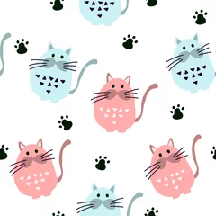Fototapete Katzen Nahtloses Muster mit süßen Katzen im skandinavischen Stil.