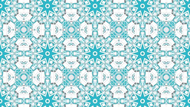 White symmetrical moving patterns on a turquoise background. Animated three-dimensional kaleidoscope background. 3d render