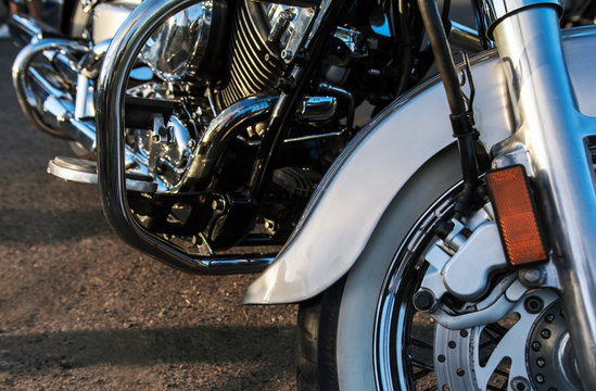 chromed motorcycle. chopper, handmade bike, motorcycle close-up.