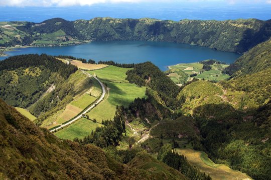 View into the volcanic crater Caldera Sete Cidades, in the back right crater lakes Lagoa Azul, island Sao Miguel, Azores, Portugal, Europe