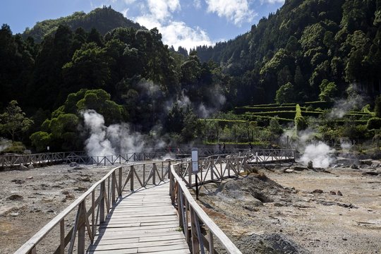 Wooden footbridge through fumaroles, hot springs, Caldeiras da Lagoa da Furnas, Furnas, Island of Sao Miguel, Azores, Portugal, Europe