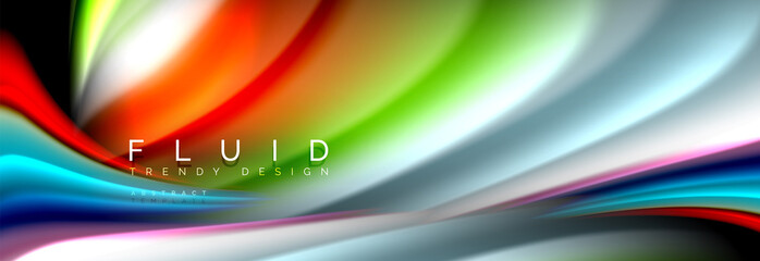 Bright colorful liquid fluid lines on black, modern abstract background