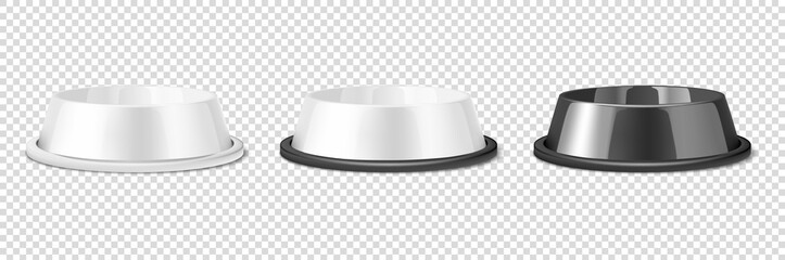 Vector Realistic White and Black Blank Plastic or Metal Pet Bowl Icon Set, Mock-up Closeup Isolated on Transparent Background. Design Template of Bowl for Pet, Cat, Animal Food for Mockup. Front View